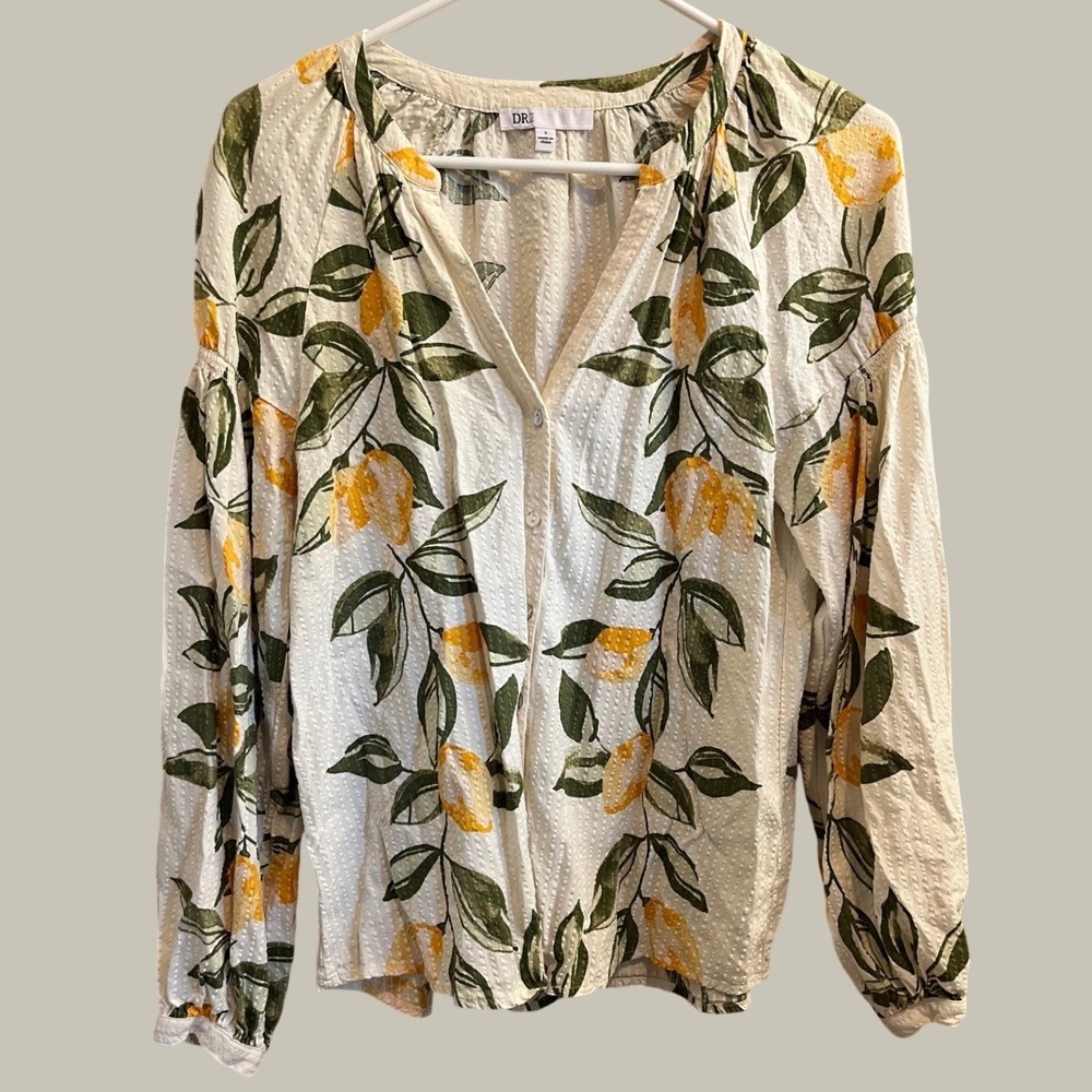 DR2 Lemon Print Blouse Womens Small White Yellow V-Neck Button Front Textured